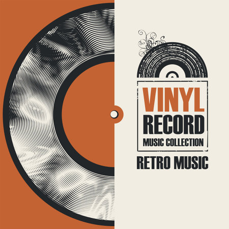 vinyl record with a cardboard sleeve and a logo for a store with a music collection. Vector music poster with old vinyl record and calligraphic lettering in retro style. Music collectionのイラスト素材
