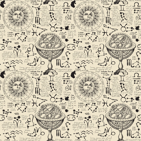 Abstract seamless pattern with zodiac signs, Lorem ipsum handwritten text, sun, moon, stars and constellations. Hand-drawn vector background on theme of horoscopes and zodiacs in retro styleのイラスト素材