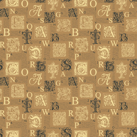 Vector seamless pattern with hand drawn alphabet letters on background of magazine or newspaper pages. Unreadable text and initial letters, repeating vector background.のイラスト素材