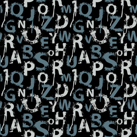 Seamless pattern with alphabet letters in the form of colored paint splashes and blots. Abstract vector background with latin letters. Suitable for wallpaper, wrapping paper or fabricの写真素材