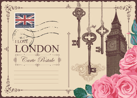 Retro postcard with Big Ben in London, United Kingdom and roses. Vector postcard in vintage style with old keys, words I love London and a place for text on background with postage stamp and postmarkのイラスト素材