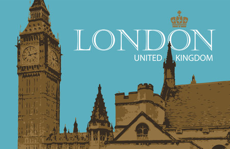 Retro postcard with Big Ben in London, UK. Vintage vector postcard with words London on blue backgroundのイラスト素材