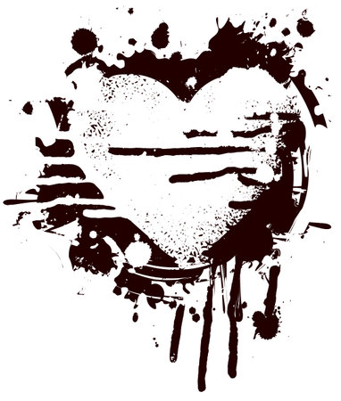 Vector abstract black heart sign with drops and streaks. A bloody heart with spots isolated on a light background. Suitable for valentine card, t-shirt design, tattoo, sticker, design element, greetinのイラスト素材