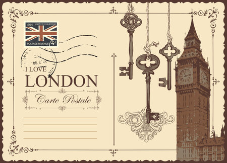 Retro postcard with Big Ben in London, United Kingdom. Vector