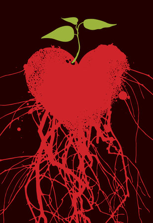 Vector banner with sign red heart, blood vessels and veins or tree roots and sprout with leaves. Abstract hand-drawn illustration on the theme of love, art. Suitable for poster, tattoo, T-shirt designのイラスト素材