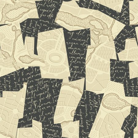 Texture Seamless pattern with collage of letters with handwritten text and pieces of geographical maps. Vector background in retro style with imitated text. Suitable for wallpaper design, fabricの写真素材