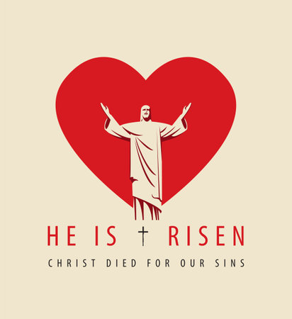 Easter banner or greeting card with the resurrected Jesus Christ with outstretched arms and abstract heart. Religious vector illustration with the words He is risen, Celebrate the Resurrectioのイラスト素材