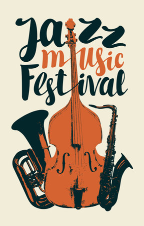 Vector vintage poster for jazz festival of live music with wind instrument trumpet, double bass, contrabass, saxophone and inscriptions. Music banner, flyer, invitation, ticket in retro styleのイラスト素材