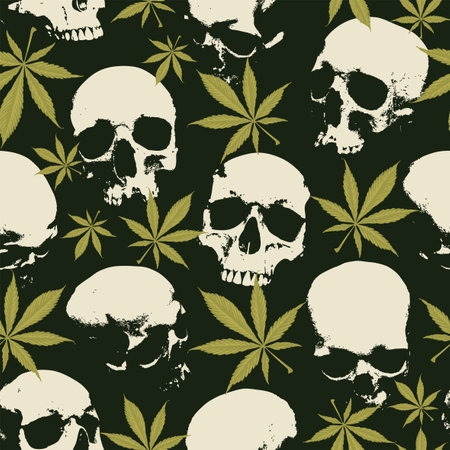 Vector seamless pattern in retro style on the theme of legalize marijuana and human skulls. Color repeatable background with hemp leaves, cannabis plantsのイラスト素材