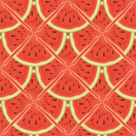 Fruit seamless pattern with an ornament of red sweet watermelon slices. Vector repeating background with ripe juicy watermelon quarters, suitable for Wallpaper, wrapping paper, fabric, summer designのイラスト素材