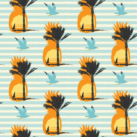 Vector Seamless pattern on the theme of sea summer recreation with silhouettes of pineapples, palm trees and surfers at sunset or sunrise on a blue striped backdrop. Travel background in retro styleのイラスト素材