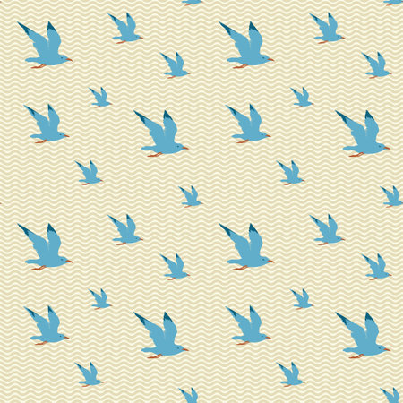 Seamless sea pattern with flying nautical birds - marine seagulls. Vector summer background in retro style, suitable for wallpaper, wrapping paper, fabric, travel designのイラスト素材