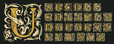 Vintage Alphabet, vector set of hand-drawn medieval, ornate initial alphabet letters. Luxury design...