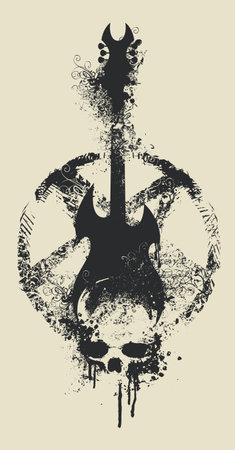 Vector sign illustration with an electric guitar and human skull with splashes and curls in grunge style. inverted pentagramのイラスト素材
