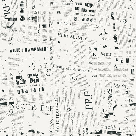 Seamless pattern of ornate Gothic letters against the background of scraps piece of newspapers and magazines. Monochrome repeating texture with ancient Latin letters scratched, dirty backdropのイラスト素材