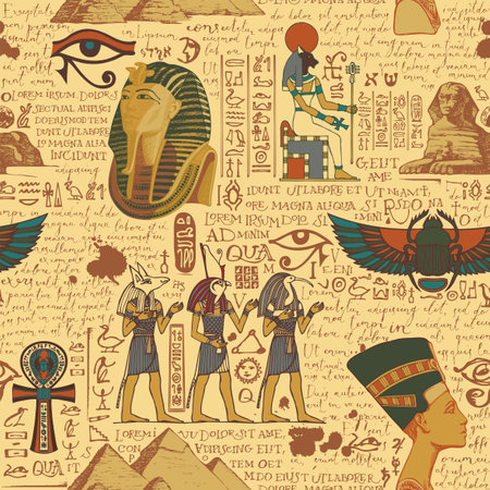 Seamless pattern on an Ancient Egypt theme with color images of Egyptian gods and handwritten text lorem ipsum. Vector abstract background in retro style. Wallpaper, wrapping paper, fabricのイラスト素材