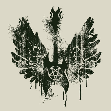 Vector illustration with an electric guitar and wings with splashes and curls in grunge style. inverted pentagramのイラスト素材