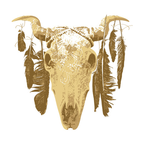 ethnic indian, american or mexican bull or cow skull with feathers on horns. vector illustration, logo or symbol. poster, card, invitation designのイラスト素材