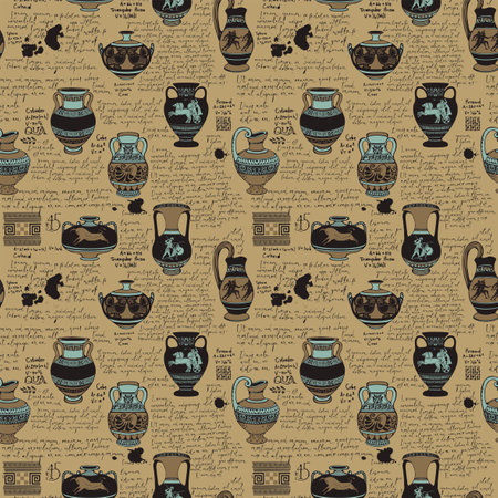Vector vintage seamless pattern or wallpaper on the theme of ancient Greece. Manuscript with sketches antique amphoras and jugs with ornaments, handwritten texts Lorem Ipsum, blots and spots.の写真素材