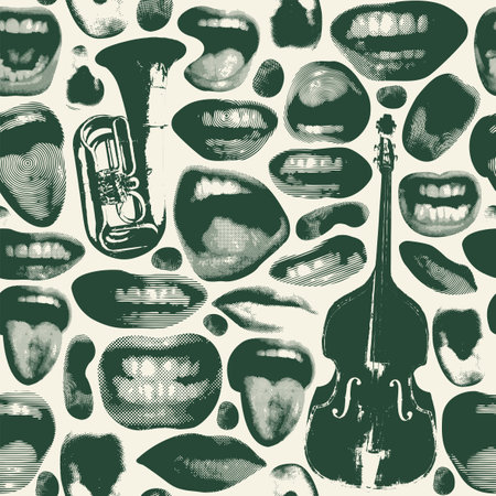 Seamless pattern with colored lips that smile and show tongue and white teeth and double bass with trumpet. Bright vector background with laughing, surprised, excited, angry, singingのイラスト素材