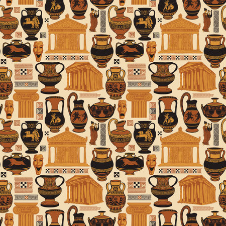 Vector seamless pattern on the theme of Ancient Greece with hand-drawn illustrations. Wallpaper, wrapping paper or fabric with ancient Greek amphorae, culture and architecture symbolsのイラスト素材