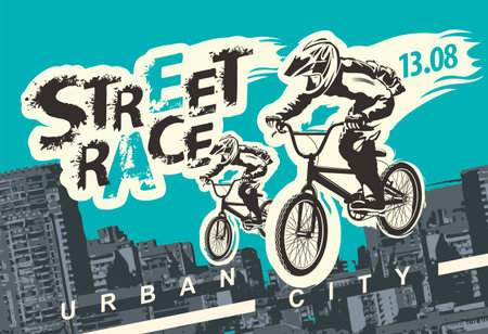 Vector banner or flyer with cyclists on the bikes and words Street race, Extreme sport on an urban background. Poster for street cycling race, bicycle club, extreme sports in a modern styleのイラスト素材