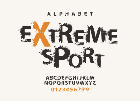 Extreme sport lettering with spots in grunge style. Splash Alphabet, vector set of abstract alphabet letters and numbers on a light background. Creative font for headline, poster, label, logoのイラスト素材