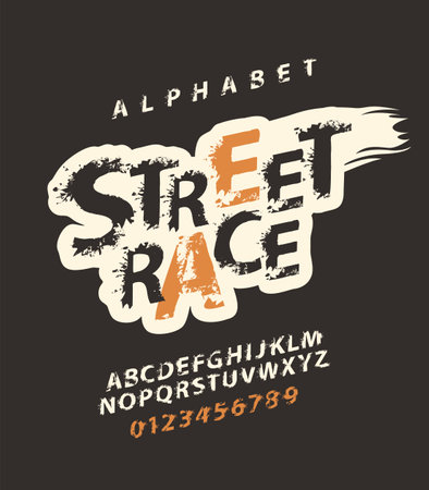 STREET RACE lettering with spots in grunge style. Splash Alphabet, vector set of abstract alphabet letters and numbers on a light background. Creative font for headline, poster, label, logoのイラスト素材