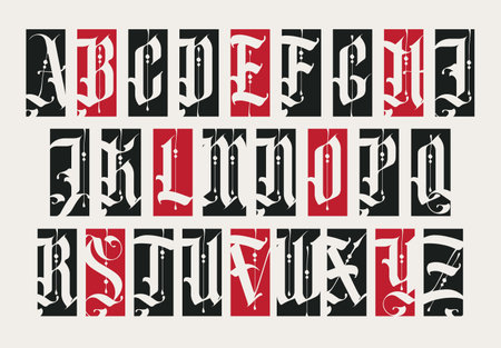 Full set of capital letters of the English alphabet in vintage style. Gothic font. Medieval Latin letters. Vector calligraphy and lettering. Suitable for tattoo, label, headline, pのイラスト素材