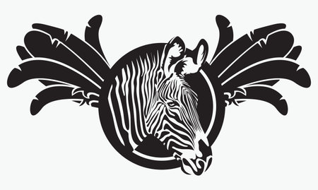 vector drawing of a zebra head in a circle drawn in black paint with bird wings. suitable for logo or symbolのイラスト素材