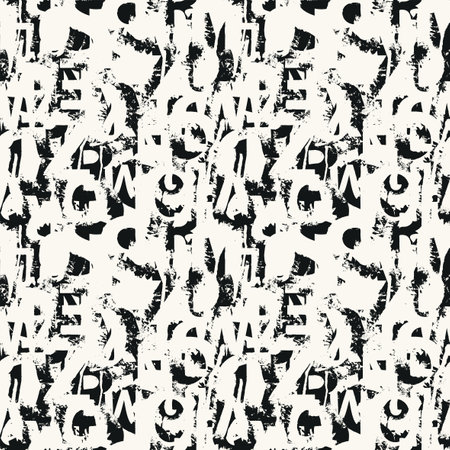 Seamless pattern with alphabet letters in form of black and white paint splashes and blots. Abstract vector background with latin letters. Suitable for wallpaper, wrapping paper orのイラスト素材