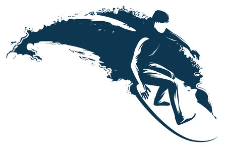vector black and white drawing of a surfer on a board riding the waves at seaのイラスト素材