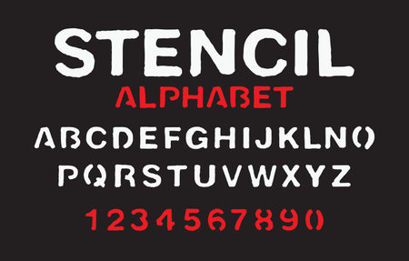 set of letters and numbers of the latin alphabet. Font stencil with white and red paint on black backdropのイラスト素材