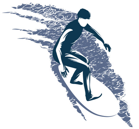 vector black and white drawing of a surfer on a board riding the waves at seaのイラスト素材