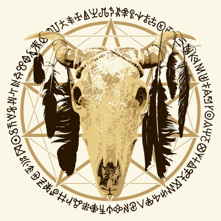 Vector illustration with a horned cow or bull skull with bird feathers, pentagram, occult and witchcraft signs. The symbol of Satanism Baphomet and magic runes written in a circleのイラスト素材
