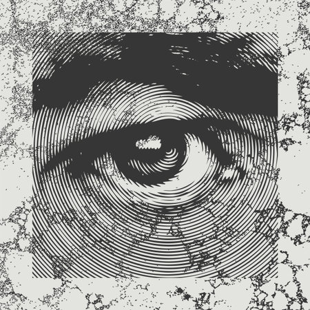 Abstract square banner with a wide-open human eye and an eyebrow in close-up, made of stripes on an...