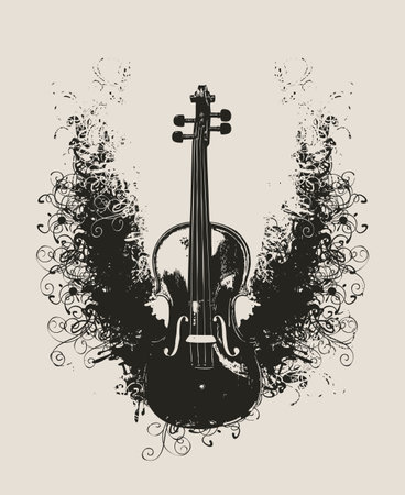 Creative black and white musical illustration. Vector drawing of violin with floral patterns in retro styleのイラスト素材
