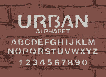 set of letters and numbers of the latin alphabet. Font urban stencil with in grunge style under brick wall backgroundのイラスト素材
