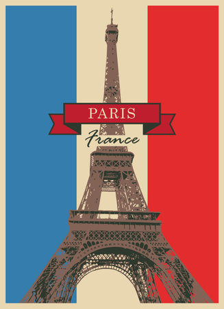 vector postcard with the Eiffel Tower in Paris on the background of the French flag in vintage styleのイラスト素材
