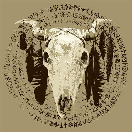 Vector illustration with a horned cow or bull skull with crow feathers, pentagram, occult and witchcraft signs. The symbol of Satanism Baphomet and magic runes written in a circleのイラスト素材