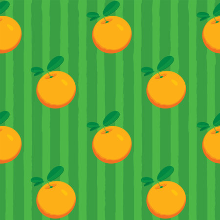 Fruit seamless pattern with taste whole orange on green striped backdrop. Summer vector background in flat style with citrus fruits. Suitable for wallpaper, wrapping paper, fabricのイラスト素材