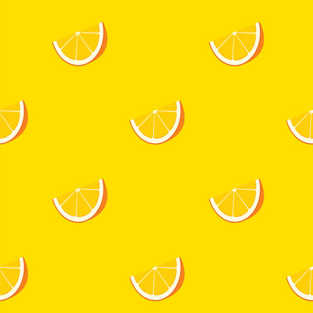 Fruit seamless pattern with sliced oranges or lemon on yellow backdrop. Summer vector background in...