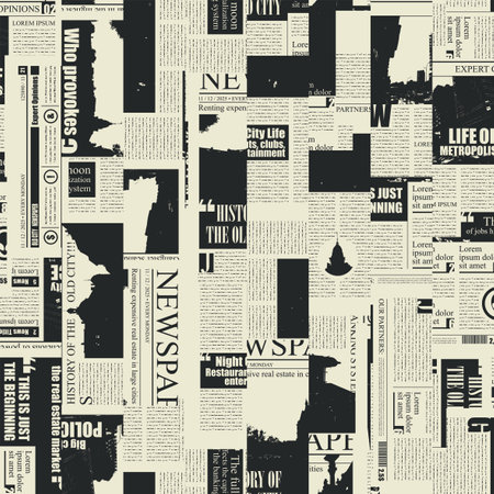 seamless pattern with collage of newspaper or magazine clippings. Vector background in retro grunge style with titles, illustrations and imitation of text. Suitable for wallpaper,のイラスト素材