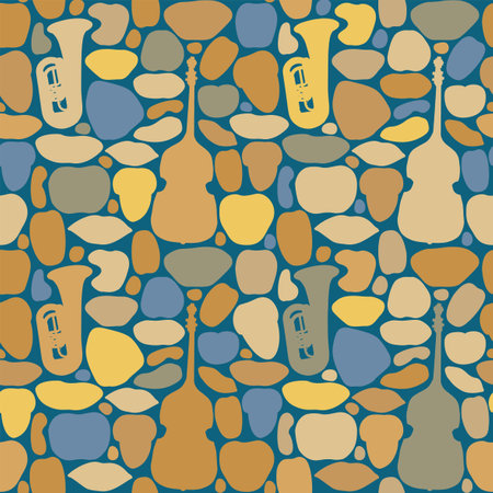 vector abstract Bright seamless pattern texture with colored shapes and silhouettes of musical instruments double bass and trumpet. Suitable for Wallpaper, wrapping paper, backgrouのイラスト素材
