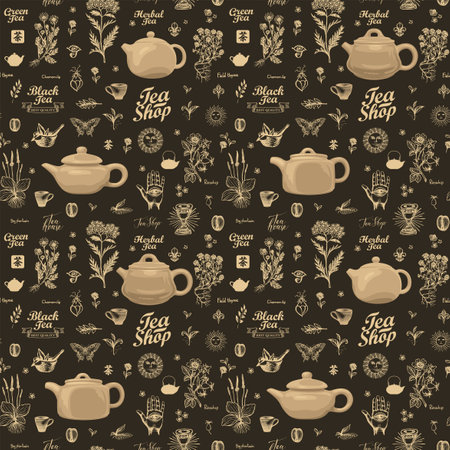 Vector seamless pattern with clay teapots, hand-drawn herbs and inscriptions. Abstract background on tea theme in retro style. Suitable for wallpaper, wrapping paper, fabric. Chineのイラスト素材
