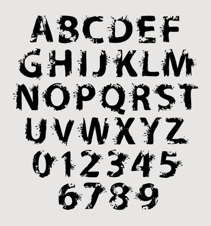grunge lettering in abstract letters with spots and drips. Vector set of alphabet letters and numbers written in black paint on a light background. Spattered fontのイラスト素材