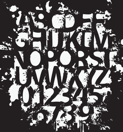 grunge lettering in abstract letters with spots and drips. Vector set of alphabet letters and numbers written in black paint on a light background. Spattered fontのイラスト素材