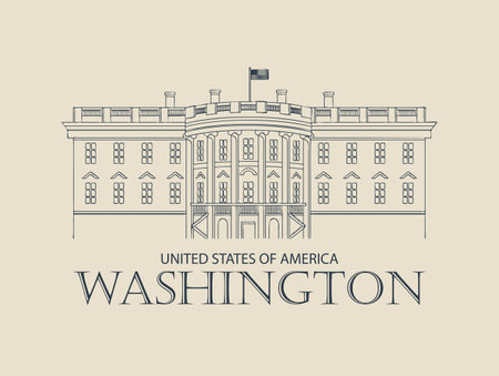 Vector banner or card with contour drawing of the famous US White House, Washington DC in retro style. American landmark.のイラスト素材