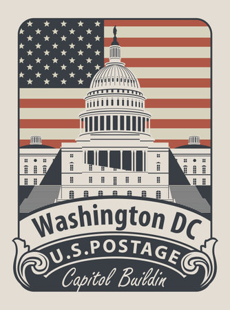 Vector banner with inscriptions and the image of the USA Capitol in Washington DC. Vector illustration Capitol Building in Washington on the background of american flagのイラスト素材