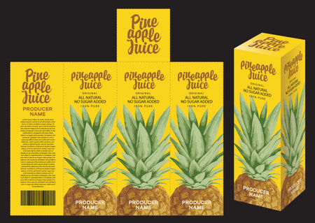 vector mockup template of cardboard packaging box for pineapple juice with realistic pattern of pineapple.のイラスト素材